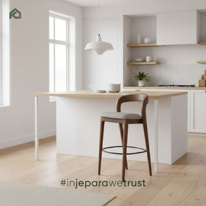 Chaise haute de bar moderne et élégante avec dossier sculpté en tissu et structure en bois pour îlot de cuisine et salon - Bara - Product Image 1