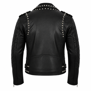 Chaqueta de Cuero Negra Personalizada para Hombre, Estilo Motero, con Tachuelas, Mangas Acolchadas, Estilo Punk Rock, Cuero Genuino - Product Image 4