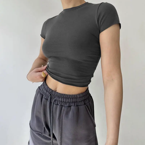 Womens Eco-Friendly Crop Tops Cute Summer Scoop Neck Slim Fit Trendy Short Sleeve <b>T</b> Shirts with Button for Teen - Product Image 4