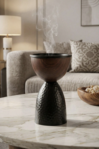 Decorative Wooden Bakhoor Burner with Metal Lid and Hammered Base for Incense Burning <b>Home</b> Decor and Tabletop Decoration - Product Image 2