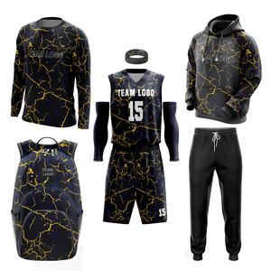 Maquette de tenue sportive d'été entièrement personnalisée pour équipe de basketball – Short respirant grande taille motif marbré or et bleu marine - Product Image 1