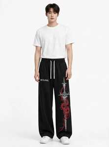 Pantalones Deportivos Anchos Negros para Hombre ONETEN APPAREL, Estilo Urbano con Cordón Ajustable y Estampado de Espada y Dragón - Product Image 1