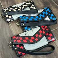 Portefeuille-pochette en cuir de vache véritable tendance 2025 pour femmes, fait à la main, motif à carreaux rouge et blanc, portefeuille en cuir à poils