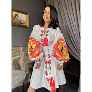 Vintage Boho Embroidered Cotton Short Dress Women Bright Floral Pattern <b>Balloon</b> Sleeve Tassel Waist Belt <b>Mini</b> Dress - Product Image 3