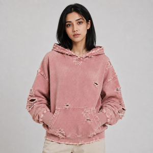 Custom Women's Authentic Distressed Acid Wash <b>Hoodie</b> Vintage Dusty <b>Pink</b> Ripped Hole Pullover Heavyweight Streetwear <b>Hoodie</b> OEM - Product Image 2