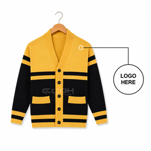 Cosh International Custom Logo Women's Yellow <b>Black</b> Contrast Color Knitted V-Neck <b>Long</b> Sleeve <b>Cardigan</b> <b>With</b> <b>Pockets</b> - Product Image 1