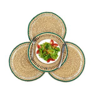 Dark Green Border Seagrass <b>Placemat</b> <b>Round</b> Openwork Straw Table Mat Hollow Lace Coaster Decorative Charger Plates Tableware Whole - Product Image 3