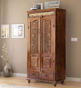 Armoire de luxe en bois massif artisanal à 2 portes, avec sculptures de feuilles ornées et incrustations de carreaux, finition chêne - Product Image 2