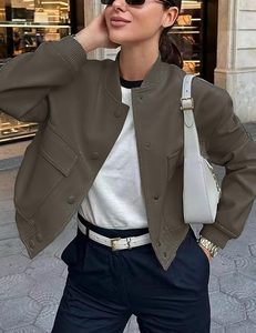 Chaqueta Bomber de Cuero Sintético para Mujer, Corte Recortado, Cuello Alto, Cierre de Botones, Color Sólido, Estilo Casual de Otoño - Product Image 5