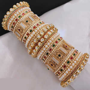 Openable Bangles <b>Set</b> 10573846 with Gold Plated Pota Stone and <b>Pearls</b> Fine Jewelry <b>Set</b> - Product Image 1