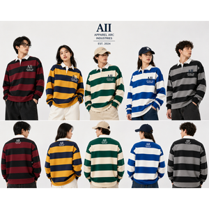 OEM Unisex Long Sleeve Rugby Polo Green Blue Brown Red Stripe Heavy Cotton Oversized Shirt Hoodies Factory - Product Image 1