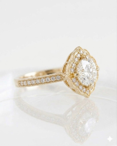 Bague de fiançailles vintage victorienne à bord festonné avec halo de diamants en or véritable 14 carats, diamant de laboratoire, style antique, milgrain floral, bague de mariée - Product Image 5