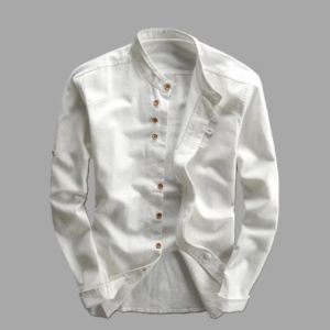 Chemise décontractée pour hommes en lin et coton, col montant, légère, respirante, à boutons - Product Image 2