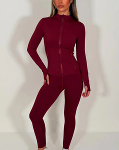Conjunto de Yoga de 2 Piezas para Mujer, Color Borgoña, Cierre Frontal Completo, Sin Costuras, Spandex, Poliéster, Cintura Alta, Transpirable, Absorbe el Sudor - Product Image 5