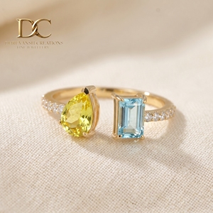 แหวนทองคำแท้ 14K ประดับเพชรเพาะเลี้ยงและพลอยสีฟ้าพาราอิบาสีน้ำเงินและสีเหลืองเพาะเลี้ยงสำหรับผู้หญิง เครื่องประดับงานแต่งงานชั้นดี - Product Image 2