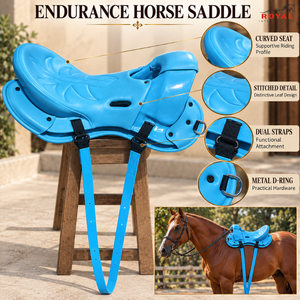 Selle de cheval Azure Endurance, siège incurvé, détails cousus, double sangle, anneau en D |   Selle d'équitation légère et confortable - Product Image 5