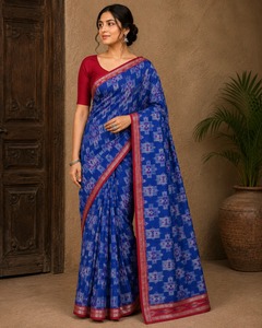 Magnifique sari en soie pure bleu royal à motif géométrique Ikat avec bordure rouge, sari traditionnel indien pour les fêtes et les occasions spéciales - Product Image 1