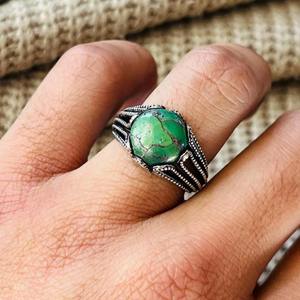 Tribal Gothic Green <b>Turquoise</b> Brass <b>Ring</b> Oxidized Silver plated Vintage Textured Wholesale <b>Ring</b> For women - Product Image 6