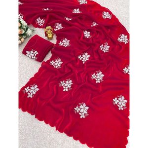 Sari en soie chinon de créateur avec broderie, séquence et travail zari, avec blouse non cousue, couleur Rani - Product Image 1