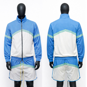 ชุดเซ็ตเสื้อผ้าผู้ชายแบบกำหนดเอง กางเกงขาสั้นและแจ็คเก็ต ชุดวอร์มสองชิ้นแบบมีซิป ชุดวอร์มโพลีเอสเตอร์กันลม ชุดเซ็ตกางเกงขาสั้น - Product Image 1