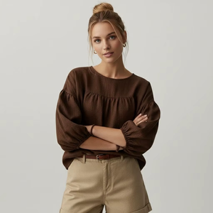 Women's Casual Linen Short Shirt with <b>Balloon</b> Sleeves Spring Summer Washable Simple Design - Product Image 6