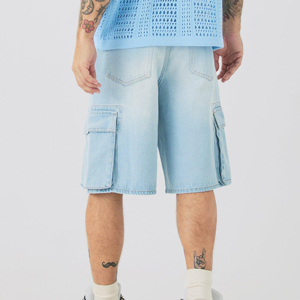 Custom <b>Men's</b> Raw VIRAL DENIM Baggy Jorts Distressed Hem Embroidered Washed <b>Jeans</b> <b>Men's</b> Shorts for Sale - Product Image 1