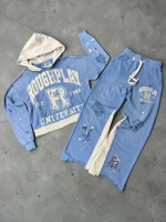 Ensemble survêtement streetwear personnalisé 100% coton, coupe oversize, effet délavé, zippé, avec pantalon évasé et sweat à capuche, style vintage usé pour homme