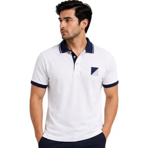 Camiseta Polo Personalizada Blanca y Azul Marino para Hombre, Manga Corta, Informal, para Golf, OEM, Marca Privada, Transpirable, Uniforme, Venta al Por Mayor - Product Image 1