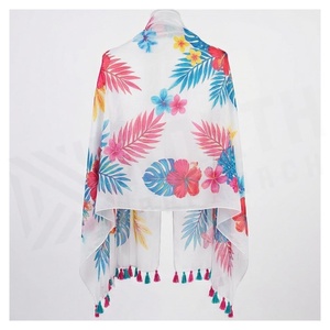 Pañuelo de Gasa con Estampado Floral Tropical para Mujer, Borde con Borlas Largas, Accesorio de Moda Casual de Verano - Product Image 2