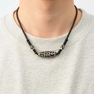 Black Dzi 43mm Natural Crystal Pendant Necklace with Adjustable Leather <b>Rope</b> for Men - Product Image 1