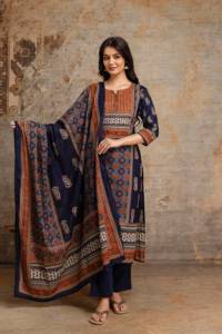 Elegant <b>Navy</b> Blue Cotton Straight Kurta <b>Suit</b> Set for <b>Women</b> with Coordinated <b>Trousers</b> and Traditional Printed Dupatta - Product Image 4