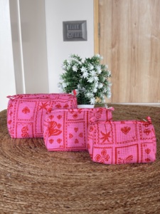 Eco-Friendly Vintage Cotton Block Printed <b>Large</b> Water Resistant Lightweight <b>Makeup</b> Cosmetic <b>Bag</b> Set with Zipper Closure 3 PCS - Product Image 1