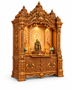 Radha Krishna Wooden Pooja <b>Mandir</b> with Om Backlit Grand Traditional Radha Krishna Wooden Pooja Temple Backlit Om USA - Product Image 4