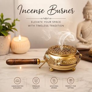 5 Inch Brass Incense <b>Burner</b> with 8 Inch Sandalwood Handle for Charcoal Resin Agarwood Bakhoor Loban Religious Use - Product Image 4