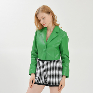 Trendy Green PU <b>Leather</b> Blazer Women Full Sleeve Turn-down Collar Single Button Short <b>Jacket</b> Autumn Solid Color Woven Fabric - Product Image 6