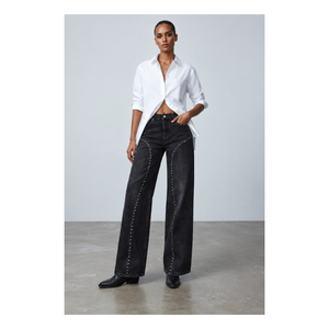 Jeans de mezclilla negros de corte bootcut para mujer, elegantes, de tiro alto, pierna acampanada, casuales, de moda, elásticos, modernos para el día a día - Product Image 1