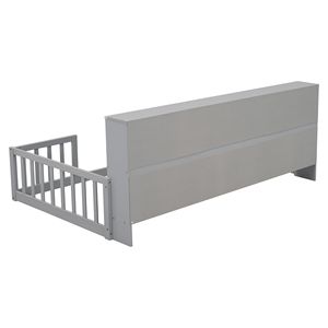 Letto a castello grigio con scaffali e sponde di protezione, struttura in legno resistente - Product Image 1