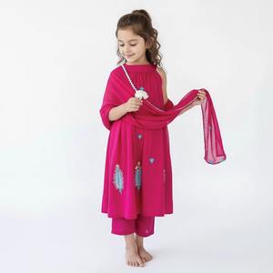 ชุดทูนิคผ้าคอตตอนมัลมัลมัลมัลมัลมัลมัลมัลลูกแพร์ปักลายสำหรับเด็กสีชมพูอมม่วงแดง - Product Image 2