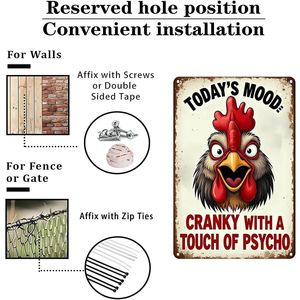 Targa in Latta Rustica con Decorazione a Gallo per Casa, Fattoria, Pollaio - Stile 'Umore Cranky' e 'Mood Psichico' - Placche con Scritte 'Umore di Oggi', 'Tocco Cranky', 'Psico' - Product Image 6