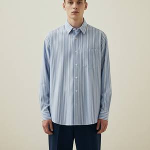 Camisa Casual de Hombre para Otoño, Transpirable, de Manga Larga, con Rayas, Tejido Oxford, Poliéster/Algodón, Cuello Clásico con Botón, Corte Recto - Product Image 1