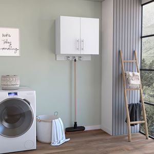 Armadietto da Parete Bianco Albany di Depot E Shop con Ganci per Scope e Maniglie in Metallo per Organizzazione Domestica - Product Image 1