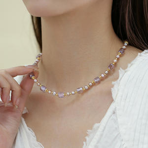 Autumn Winter Female Niche Design Crystal Bead <b>Necklace</b> French <b>Pink</b> Purple Natural Pearl Chain for Sweaters Sweater Chain - Product Image 4