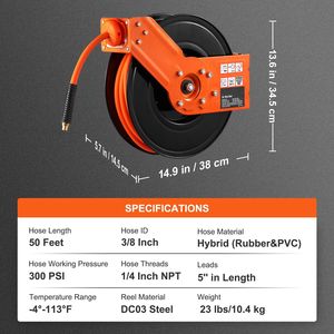 Avvolgitubo Ibrido Retrattile 3/8 X 50 FT per Aria Compressa, Max 300 PSI, Montaggio a Soffitto/Parete per Compressore d'Aria, 5 Ingressi - Product Image 4