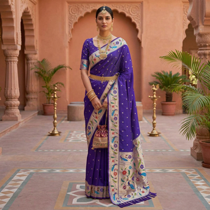 Sari en soie violette avec broderies florales et motifs de paon, tenue de mariage indienne traditionnelle pour femmes - Product Image 4