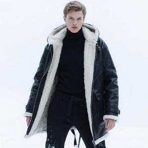 Men's Long <b>Black</b> Leather <b>Jacket</b> With <b>Faux</b> <b>Fur</b> Lining Zipper Closure Windproof Winter Moto Style Regular Fit - Product Image 2
