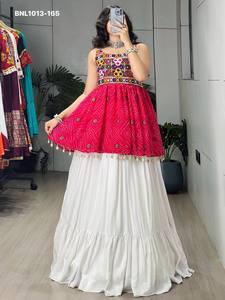 Festival wear Rayon Cotton with Plain & Frilled Flared <b>White</b> <b>Lehenga</b>-Bandhani Print & Embroidery Kediya Top Pair Indian Exporter - Product Image 2
