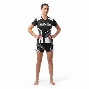 Ensemble uniforme de football pour femmes 100% polyester personnalisé, couleur noire, t-shirt à manches courtes et col en V et short pour équipe féminine, vêtements de sport - Product Image 4