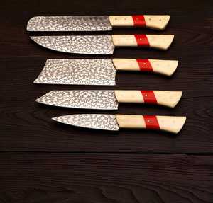 Ensemble de 5 couteaux de chef japonais en acier Damas, manche en os, forgés à la main, pour droitiers, longueur de lame 8-9,9 pouces - Product Image 2