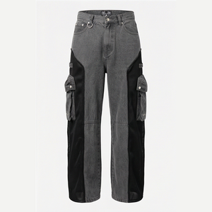 Pantalon cargo en jean taille haute pour homme, coupe ample, délavé gris et noir, style utilitaire patchwork, en coton pour l'automne - Product Image 1