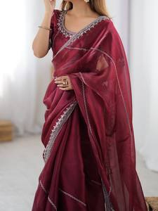 Sari en soie JMC élégant avec broderies fines et finitions raffinées – Tenue de fête et de mariée - Product Image 5